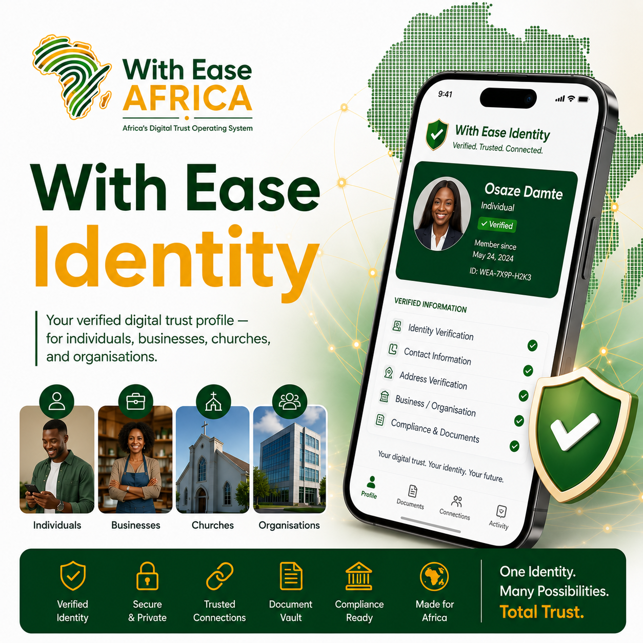 With Ease Identity module — verified digital trust profile screens