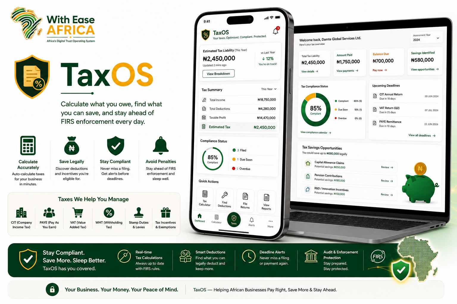 TaxOS module — tax calculators and compliance deadline tracking